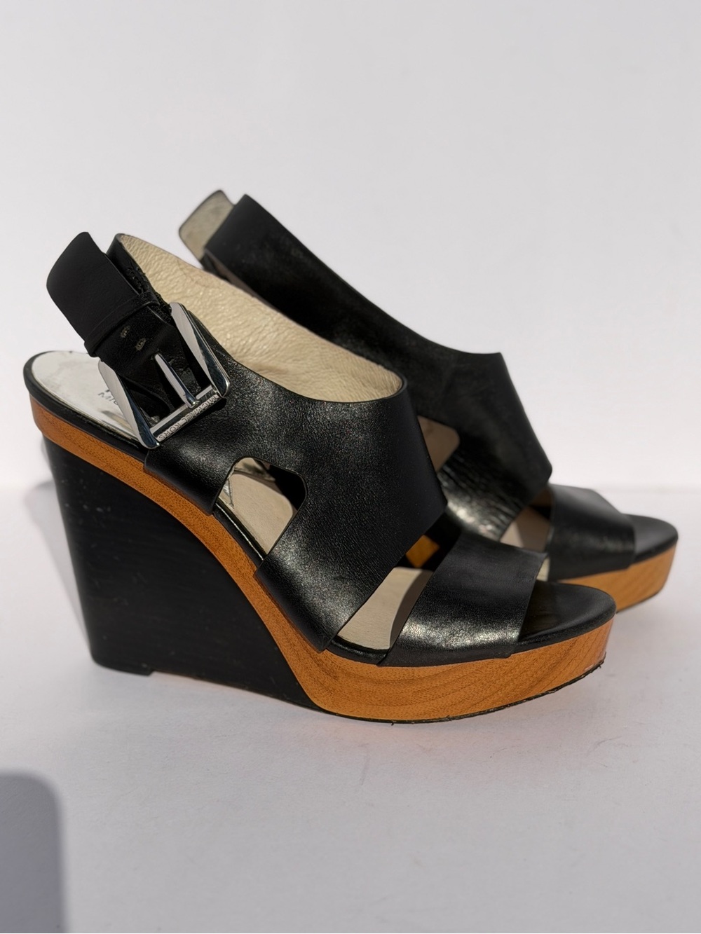 MICHAEL Michael Kors Carla Black Leather Slingback Platform Wedge Sandals Sz 8.5